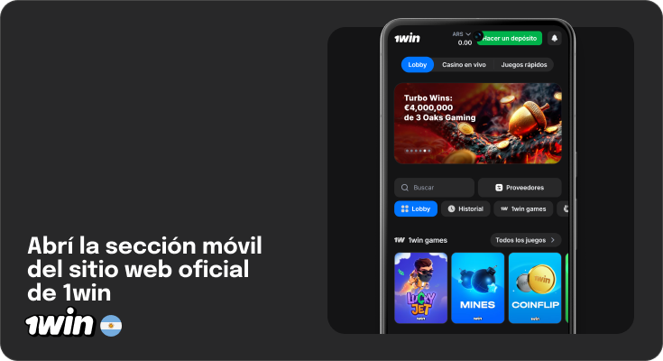 Abra el sitio móvil de 1Win Argentina para comenzar a descargar la aplicación de Android