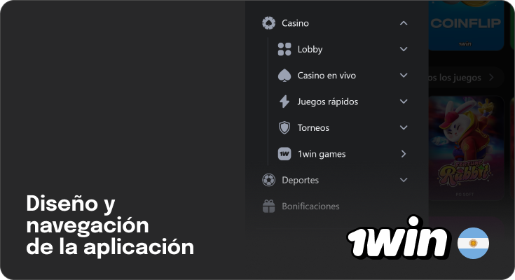 El diseño y la navegación de la aplicación móvil de 1Win Argentina es simple e intuitiva