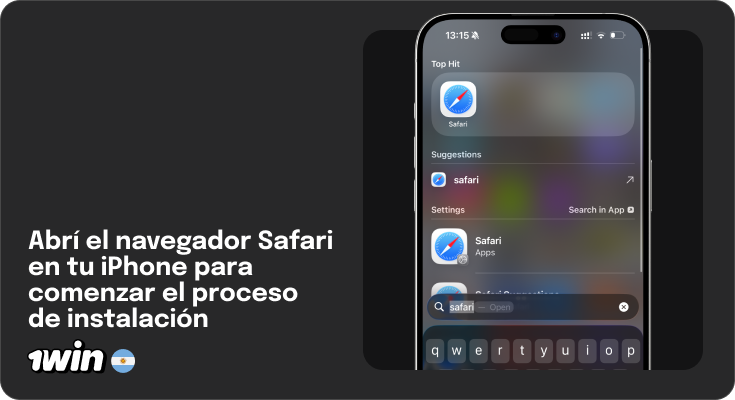 Buscar y abrir Safari - Aplicación móvil 1Win para iOS