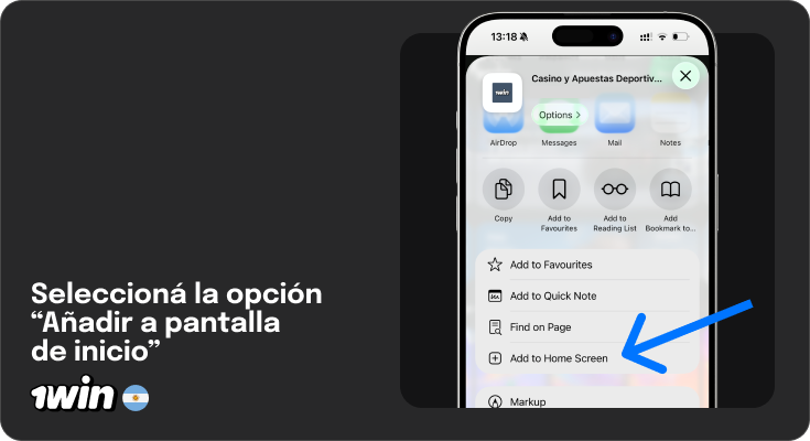 Pulse el botón «Añadir a la pantalla de inicio» - Aplicación móvil 1Win para iOS