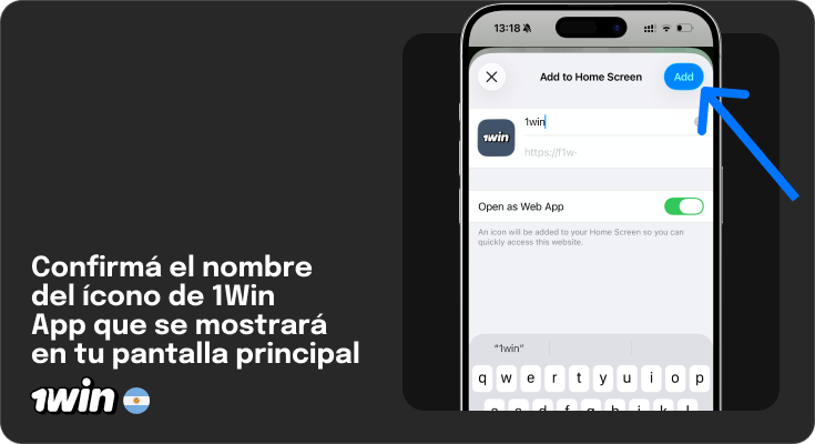 Configura el acceso directo y pulsa 'Agregar' - Aplicación móvil 1Win para iOS