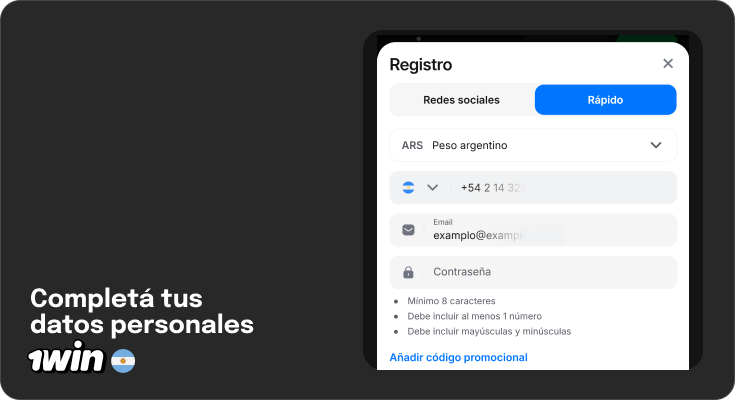 Completa tus datos personales, como correo electrónico y número de teléfono para registrarte en 1Win Argentina