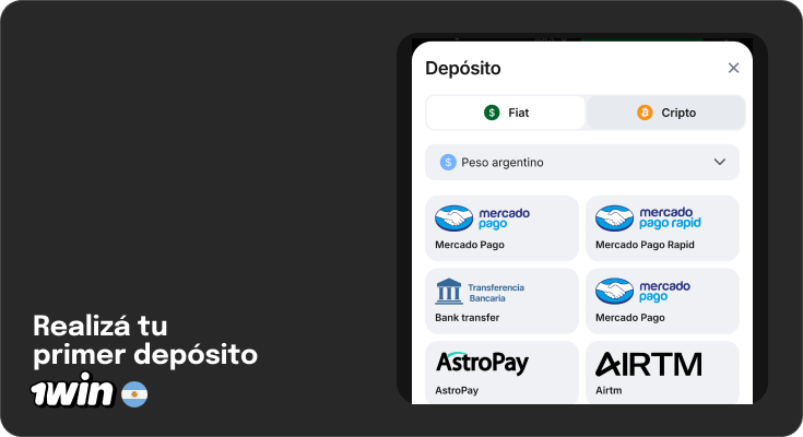 Ve a la pestaña de depósitos y recarga tu cuenta 1Win Argentina