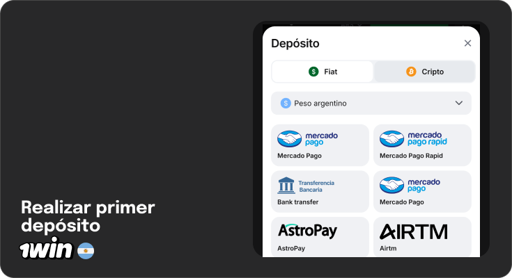 Recarga tu cuenta en 1Win Argentina usando pesos argentinos o criptomonedas