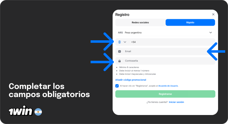 Completa tu teléfono móvil y otros datos - Registro 1Win Argentina