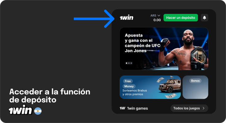 Para comenzar a depositar en 1Win Argentina, inicie sesión y presione el botón verde 'Recargar' en el encabezado.