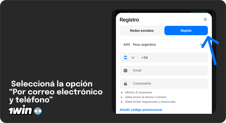 Selecciona un método de registro - Rápido o usando Redes Sociales - 1Win Argentina
