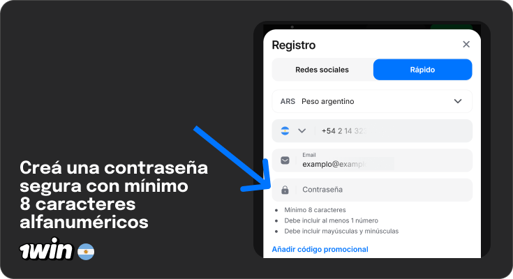 Crea una contraseña segura - Registro 1Win Argentina