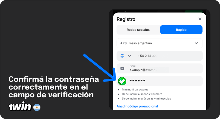 Verifique su contraseña seleccionada - Registro 1Win Argentina