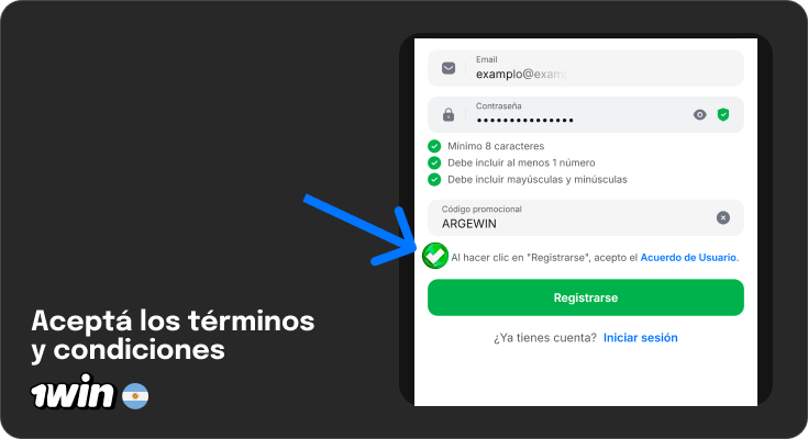 Acepto los términos y condiciones - Registro 1Win Argentina